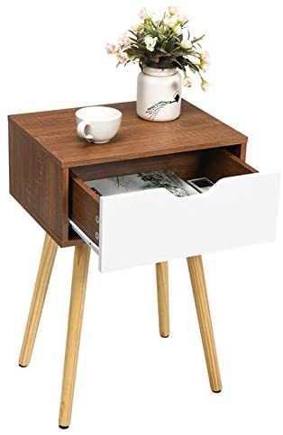 Giantex Mid-Century Nightstand, End Table with Drawer, Wood Bedside Table Side Table for Bedroom, 1