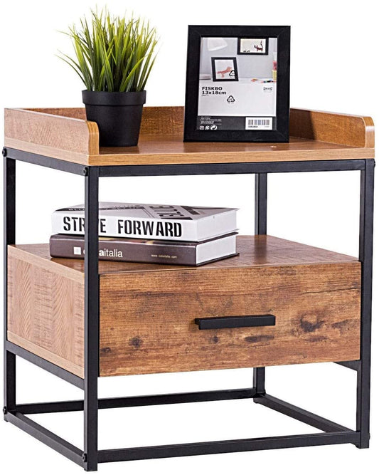 Giantex 2-Tiers End Side Table, Wooden Nightstand, Cabinet with Drawer and Rustic Shelf Decoration in Living Room,Bedroom,Lounge, 1