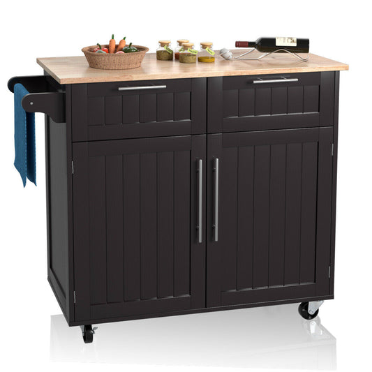 Giantex Kitchen Island on Wheels, Rolling Kitchen Island Cart with Rubber Wood Top, Side Handle, Large Drawers, 2-Door Cabinet for Kitchen and Dining Room, 37 x 18 x 37 inches