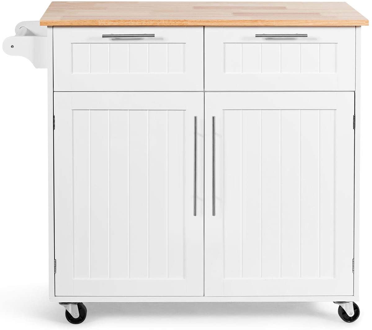 Giantex Kitchen Island on Wheels, Rolling Kitchen Island Cart with Rubber Wood Top, Side Handle, Large Drawers, 2-Door Cabinet for Kitchen and Dining Room