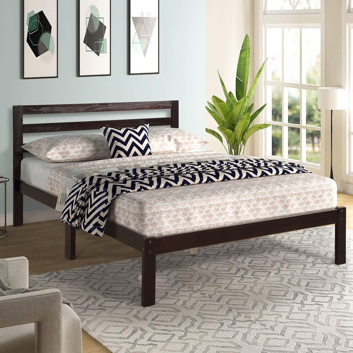Giantex Modern Wood Platform Bed Frame w/ Headboard, Mattress Foundation Full 8-Bar Slat Better Support, Box Spring Optional, Multipurpose Bed Base for Bedroom, Dorm, Hotel, Antique Espresso Finish