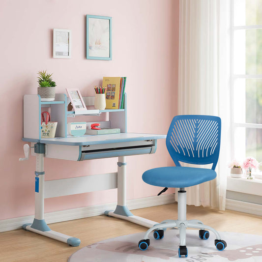 Giantex Swivel Office Desk Chair, Small Armless Task Chair with Hollow-out Back, Upholstered Mesh Seat, Sturdy Construction, Height Adjustable Computer Chair for Study,Blue
