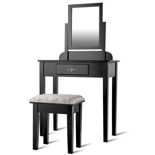 Giantex Delicate Vanity Set, Soft Padded Stool, 360 Degree Rotatable Mirror, Black