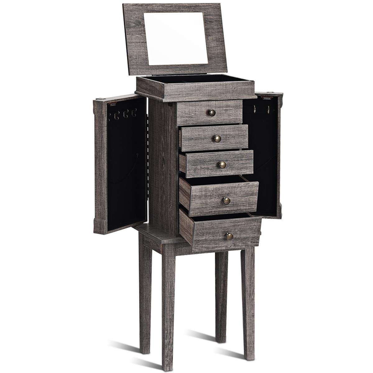 Giantex Drawers Armoire Cabinet, Standing Storage Chest with Mirror, 8 Necklace Hooks Wooden Organizer, Bedroom Jewelry Furniture with 2 Side Swing Doors, Grey