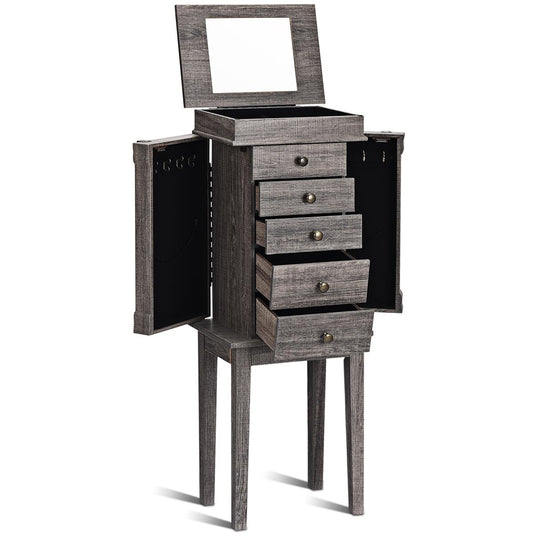 Giantex Drawers Armoire Cabinet, Standing Storage Chest with Mirror, 8 Necklace Hooks Wooden Organizer, Bedroom Jewelry Furniture with 2 Side Swing Doors, Grey
