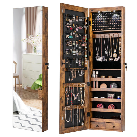 Giantex Jewelry Armoire Wall Door Mounted, Full Screen Lockable Jewelry Cabinet for Bedroom w/ LED Lights and Frameless Mirror (Rustic Brown)