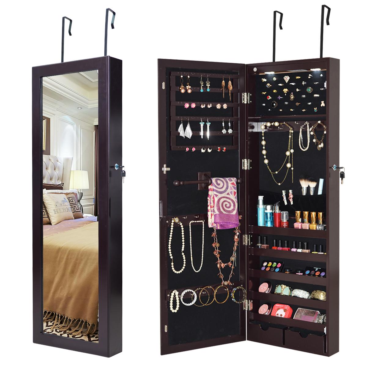 Giantex Wall/Door Mounted Jewelry Cabinet Armoire, Lockable Armoire Cabinet w/ Full Length Mirror, 2 LED Lights, Adjustable Hanging Hooks, Jewelry Organizer for Dressing Make-up (Brown)