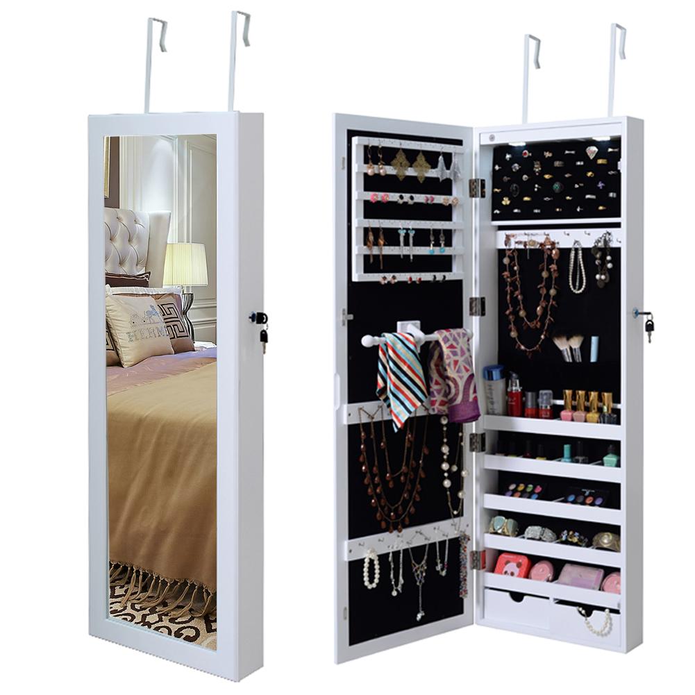 Giantex Wall/Door Mounted Jewelry Cabinet Armoire, Lockable Armoire Cabinet w/ Full Length Mirror, 2 LED Lights, Adjustable Hanging Hooks, Jewelry Organizer for Dressing Make-up (White)