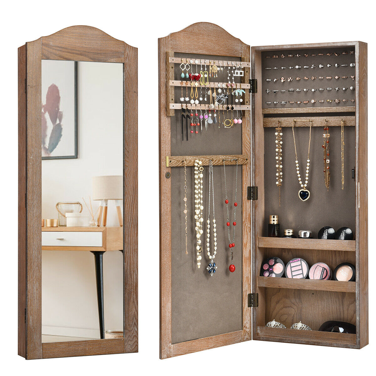 Giantex Jewelry Armoire Cabinet Wall/Door Mounted, Rustic Full Length Mirrored Storage Jewelry Organizer, Bedroom Armoires Cabinets (Brown)