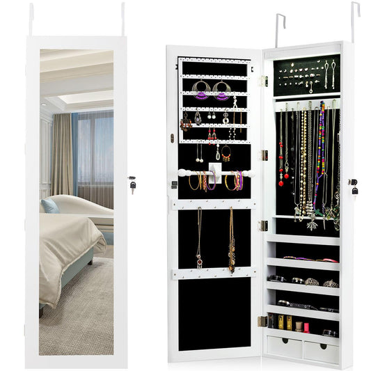 Giantex Wall Door Mount Jewelry Armoire Cabinet with 15 LED Lights, Lockable Hanging Jewelry Cabinet Organizer with Large Storage Capacity, 82 Earring Slots 60 Ring Slots 29 Hook Scarf Rod, White