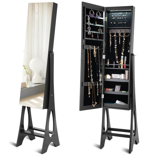 Giantex 12 LED Jewelry Armoire Cabinet w/Frameless Full-length Mirror, Standing Jewelry Cabinet wi/Large Storage Space, 3 Angles Adjustable (Black)