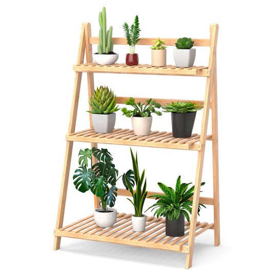 Giantex Bamboo Ladder Shelf, Foldable Multifunctional Plant Flower Display Stand, 3-Tier Storage Rack