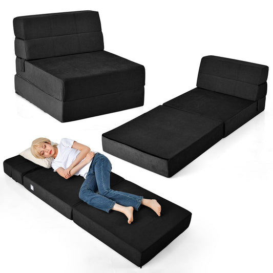 Giantex Folding Chair Bed Floor Sofa Bed, Upholstered Guest Chaise Lounge Trifold Mattress for Bedroom Living Room Dorm Furniture, Video Gaming Sofa Bed Sleeper Convertible Chair (Black)