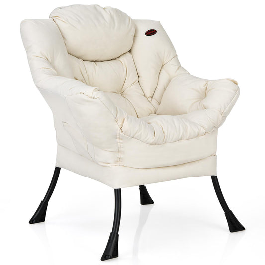 Giantex Modern Soft Accent Lazy Chair, Contemporary Lounge Chair, Single Sofa w/Steel Frame, Armrests, Side Pocket & Thick Padded Back, Beige