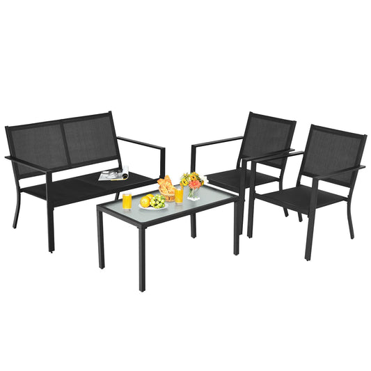 Giantex 4 Pieces Patio Furniture Set, Outdoor Conversation Set, Loveseat Bench with 2 Patio Chairs & Tempered Glass Coffee Table, Bistro Dining Set for Porch Lawn Garden Poolside