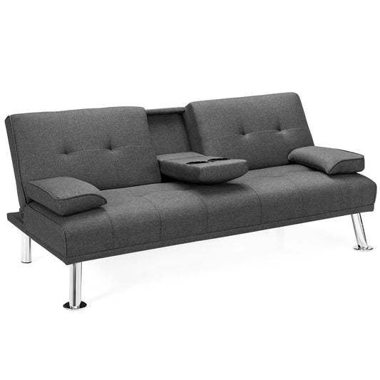 Giantex Convertible Futon Sofa Bed, Folding Futon Sofa Sleeper W/Adjustable Backrest, 2 Cup Holders, Removable Armrests, Modern Linen Upholstered Futon Sofa for Home Office, Gray