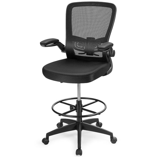 Giantex Ergonomic Drafting Chair, Adjustable Tall Office Chair with Flip-Up Armrest, Lumbar Support, Humanized Foot Ring, Soft Cushion, 360° Swivel Design, Breathable Mesh Fabric, for Home Office