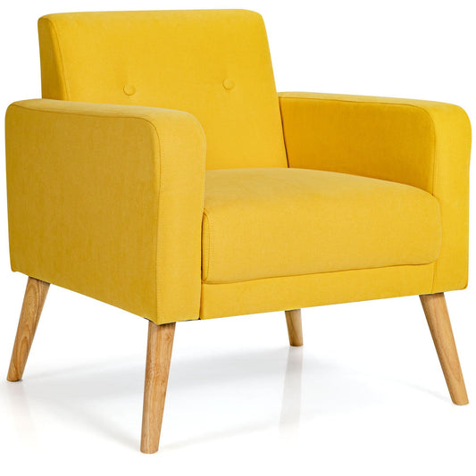 Giantex Accent Chair, Comfy Upholstered Linen Fabric Armchair w/Stable Rubber Wood Legs, Button Tufted Design Cozy Leisure Living Room Chair, Mid-Century Modern Single Sofa Chair for Reading,Yellow