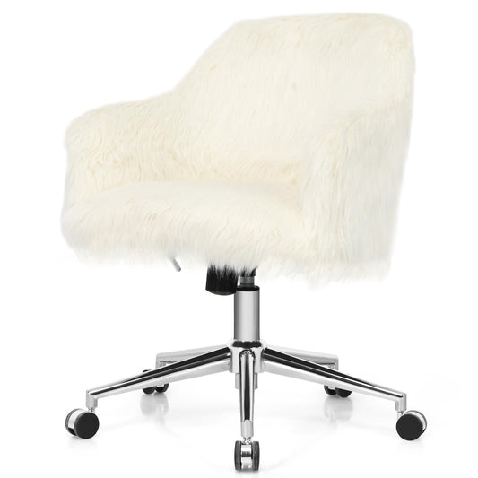 Giantex Faux Fur Desk Chair, Synthetic Swivel Office Chair, Fluffy Vanity Chair, Beige