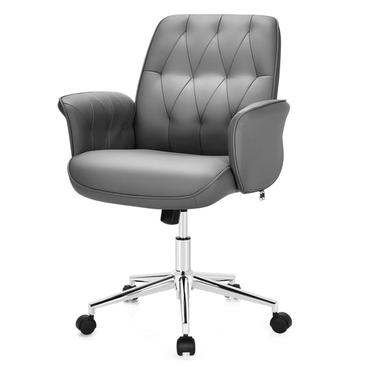 Giantex Vanity Chair for Makeup, Modern Mid-Back Executive Computer PU Leather Leisure Chair with Padded Armrests, Wheels, Wide Seat, Height Adjustable Swivel Accent Chair for Bedroom, Lounge, Office