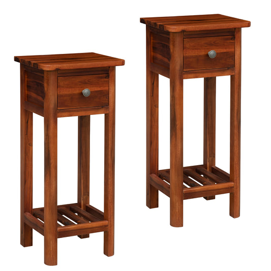 Giantex Sofa Side End Table, Acacia Wood 2-Tier Slim Side Table w/Storage Shelf and Drawer, No Assembly Required, Narrow Nightstand for Small Spaces, Living Room (2, Rustic Brown)