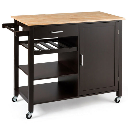 Giantex Kitchen Island Cart Rolling Serving Cart Wood Trolley with Drawer, Storage Cabinet, Wine Bottle Rack, Towel Rack and Lockable Wheels (Brown)