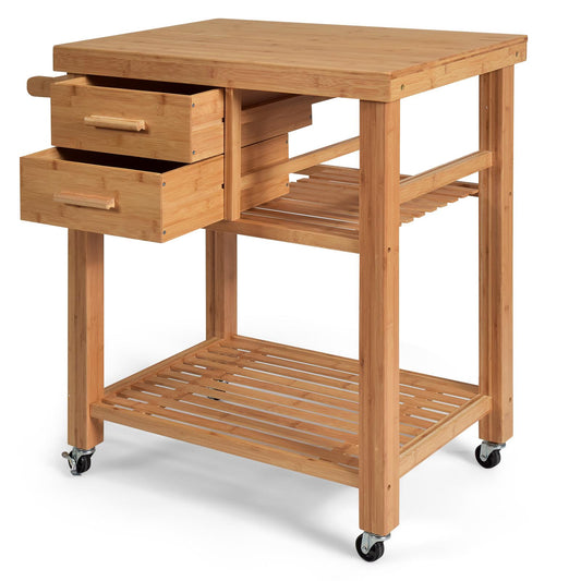 Giantex Bamboo Kitchen Island Cart Trolley, 3-Tier Rolling Kitchen Cart w/ 2 Drawers, Open Shelves, Towel Rack, Kitchen Serving Storage Cart for Kitchen, Dining Room, Living Room, Natural