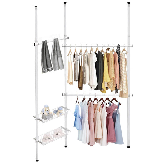 Giantex Double 2 Tier Adjustable Closet System, Floor to Ceiling Clothes Hanger with 2 Storage Baskets & Inner Spring, Clothing Garment Rack Telescopic Closet Organizer for Living Room, Bedroom