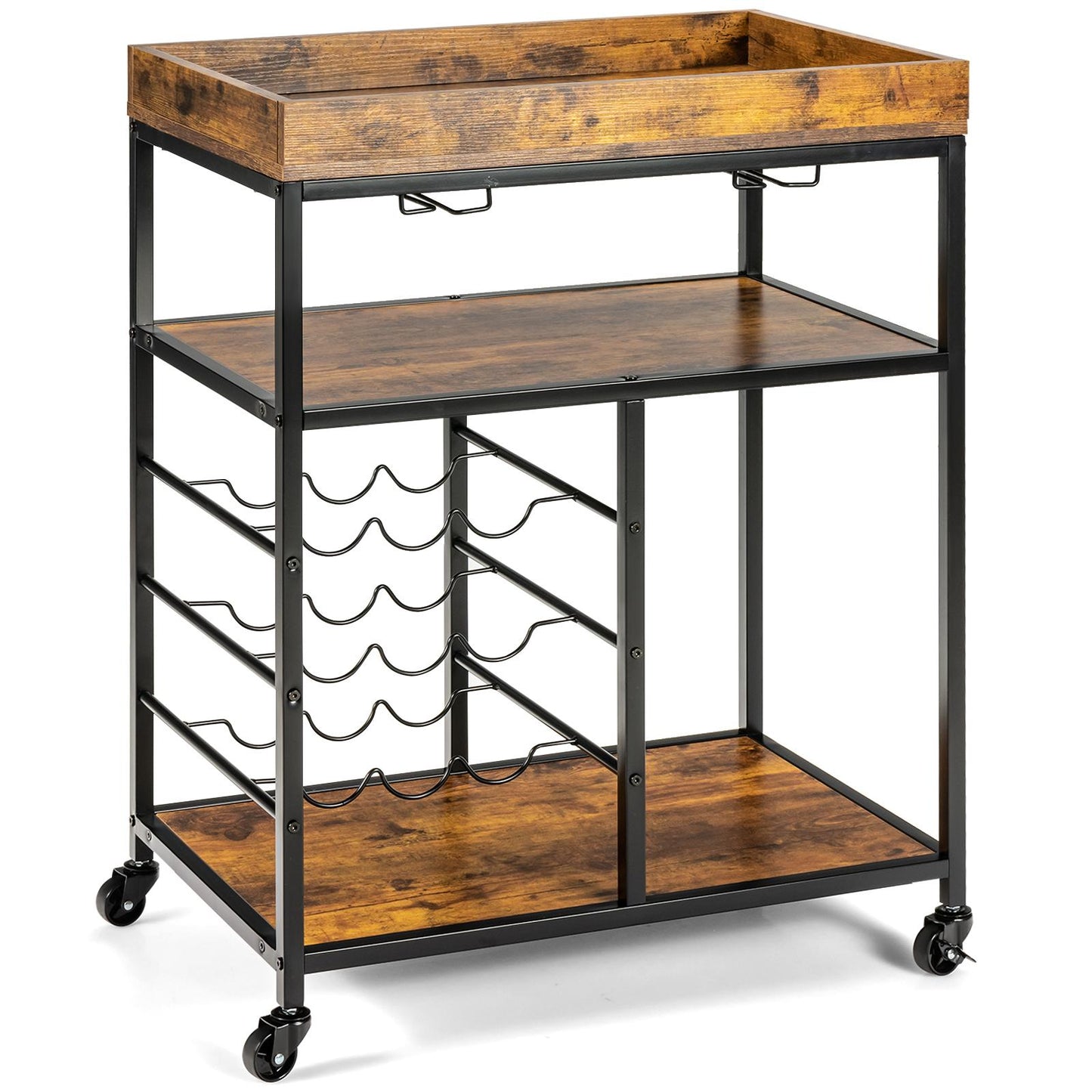 Giantex 3-Tier Island Cart, Rolling Serving Cart, Industrial Style Kitchen Trolley, Wood Utility Cart, Mobile Wine Cart on Wheels w/Glasses Holder, Wine Bottles Rack, Metal Frame