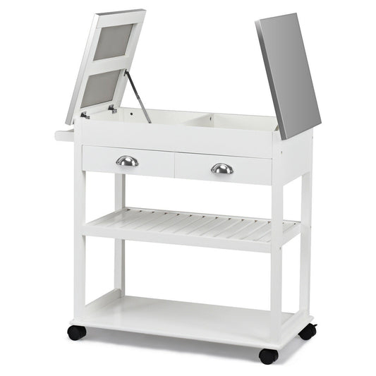 Giantex Kitchen Trolley Mobile Microwave Cart with Stainless Steel Flip Tabletop & MDF, Storage Cart Cutting Table with Rolling Casters, Drawer, Rack, and Shelf, Brown/White