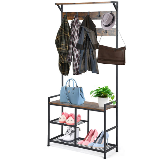 Giantex Coat Rack Shoe Bench, 3-in-1 Industrial Hall Tree w/Storage Bench & 9 Hanging Hooks, 3-Tier Wood Bench w/Metal Frame, Adjustable Foot Pads for Dorm, Apartment, Hall, Entryway
