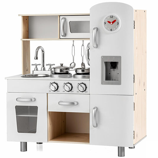 Giantex Kids Kitchen Playset, Wooden Pretend Cooking Playset w/Telephone, Stove, Fridge, Microwave, Removable Sink, Water Dispenser w/Light Sound, Shelf, Cabinets, Great Gift for Boys Girls