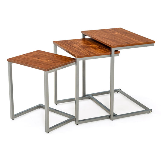Giantex Classical Nesting End Table, 3pcs Stacking Coffee Table, Living Room Night Table with Metal Frame, Space Saving, Easy Assembly, Accent Furniture, Walnut