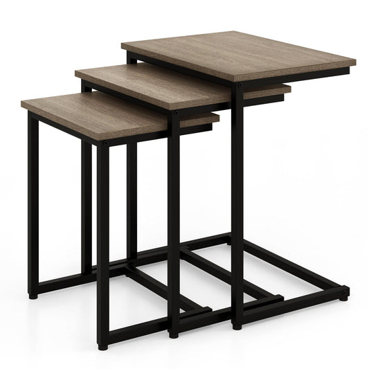 Giantex Classical Nesting End Table, 3pcs Stacking Coffee Table, Living Room Night Table with Metal Frame, Space Saving, Easy Assembly, Accent Furniture, Gray