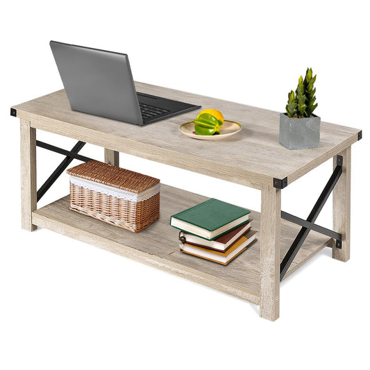 Giantex Rustic Coffee Table, 43.5" Farmhouse Accent Cocktail Table w/ Open Storage Shelf & X-shaped Metal Frame Support, Wooden Sofa Central Tea Table for Living Room, Easy Assembly, Grey