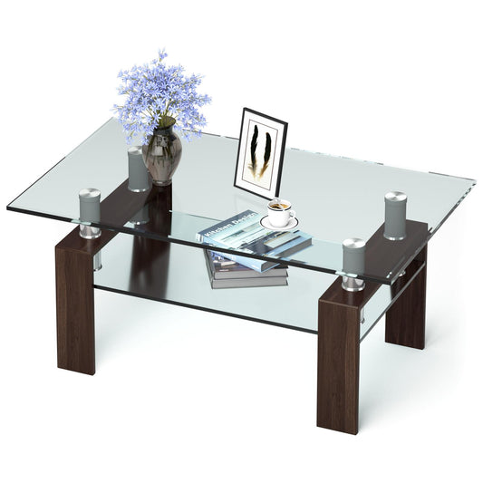 Giantex Glass Coffee Table, 2 Tier Central Table with Lower Storage Shelf Tempered Glass Tabletop, Modern Cocktail Table with Metal Frame, Tea Table (Brown)