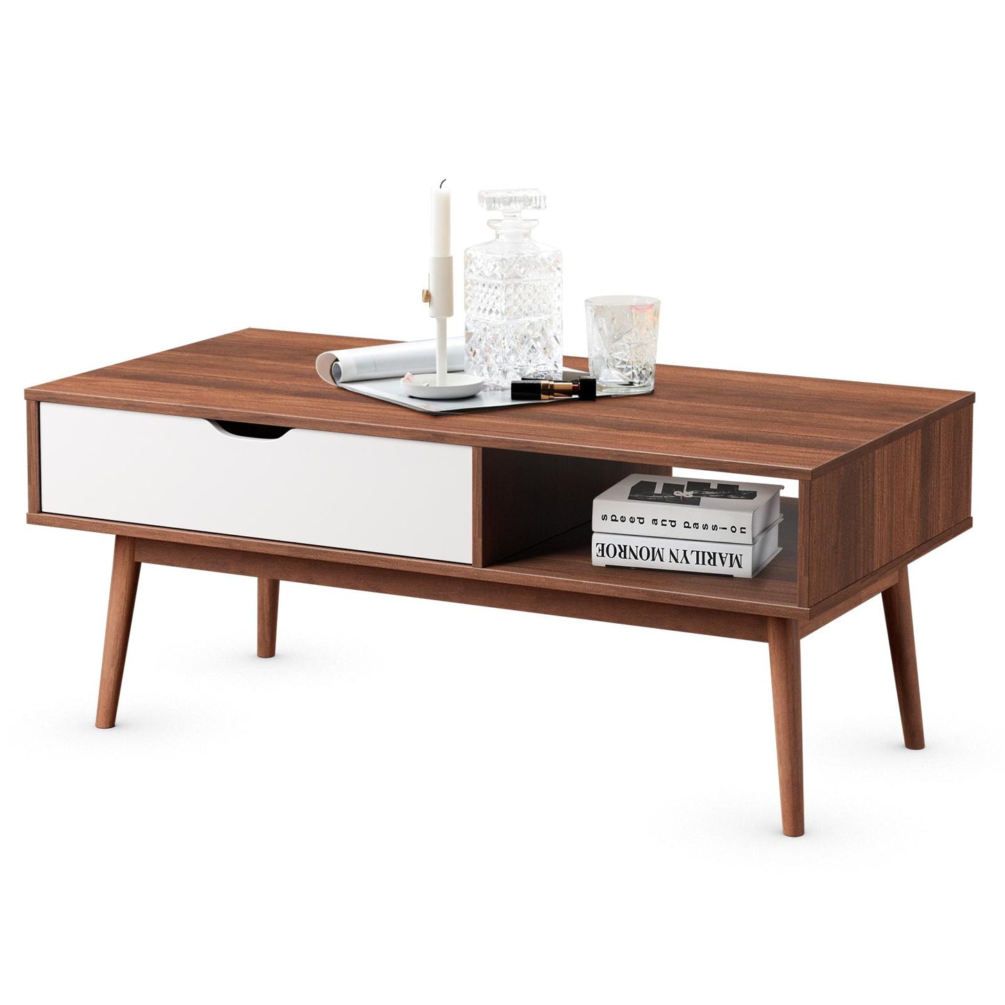 Giantex Coffee Table, Mid-Century Modern Cocktail Table with Drawer & Open Storage Shelf & Solid Wood Legs, Multipurpose Center Table for Living Room Office, Rectangular TV Table
