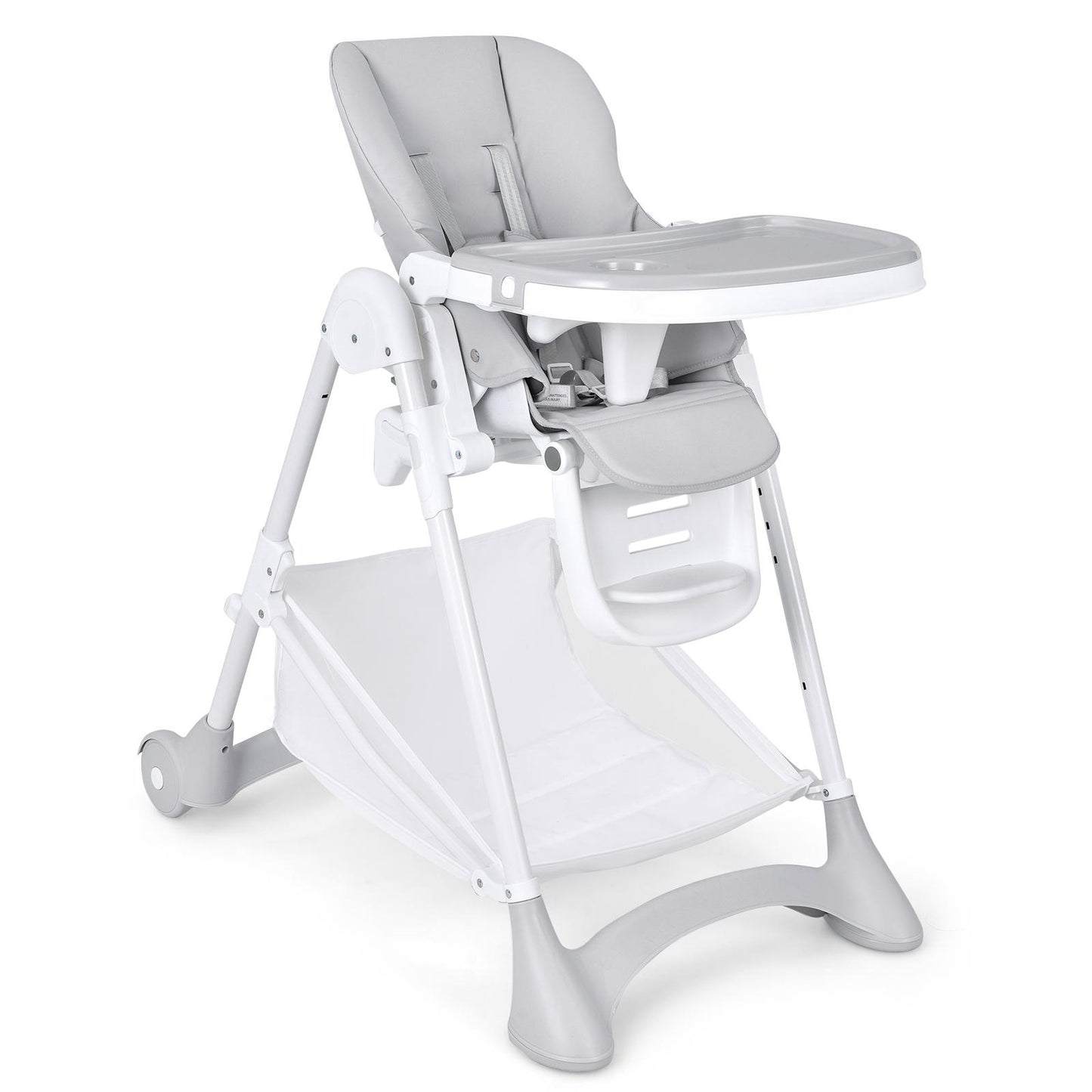 Giantex Baby High Chair, Foldable Toddler Dining Chair w/ Detachable PU Cushion & Trays, Lockable Wheels & Storage Basket, Adjustable Height, Portable Infants Feeding Chair