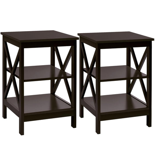 Giantex Set of 2 Wooden Sofa Side Table, 3-Tier Nightstands w/Storage Shelves, X-Design Structure, End Table for Home, Espresso