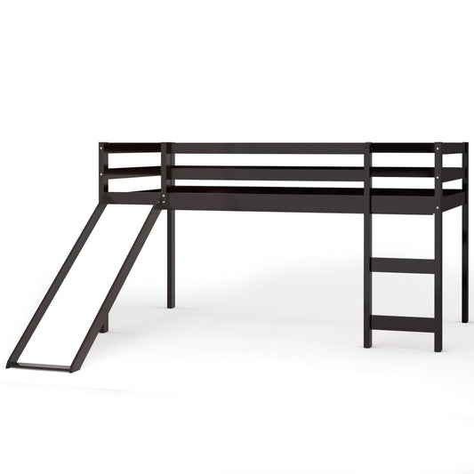 Giantex Twin Loft Bunk Bed, Wood Bed w/Slide, Built-in Ladder, Guard Rail, Dorm & Bedroom Furniture for Boys & Girls, Coffee