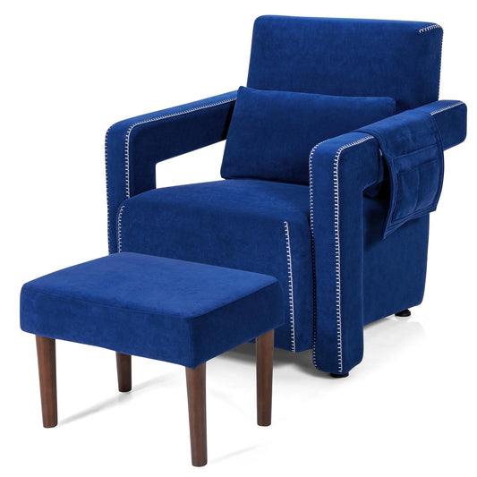 Giantex Armchair w/Ottoman, Leisure Soft Sofa Chair w/Waist Pillow, Adjustable Foot Pads for Reading, Navy