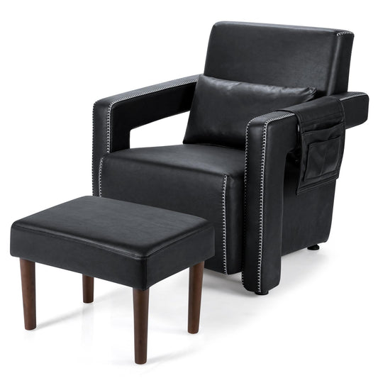 Giantex Armchair w/Ottoman, Leisure Soft Sofa Chair w/Waist Pillow, Adjustable Foot Pads for Reading, Black