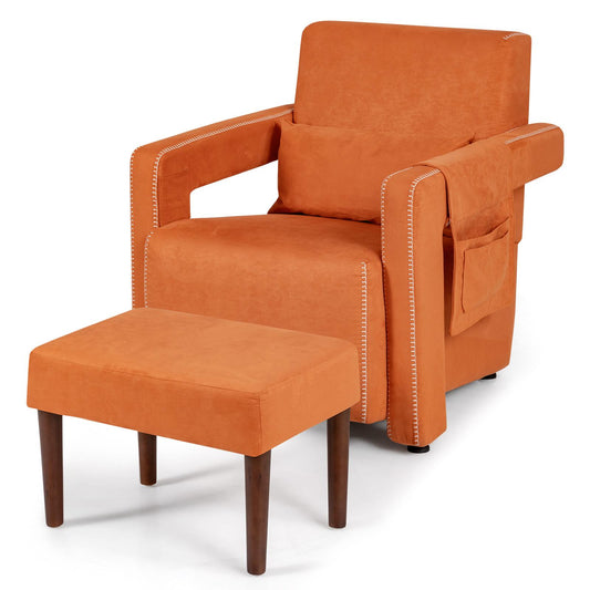 Giantex Armchair w/Ottoman, Leisure Soft Sofa Chair w/Waist Pillow, Adjustable Foot Pads for Reading, Orange