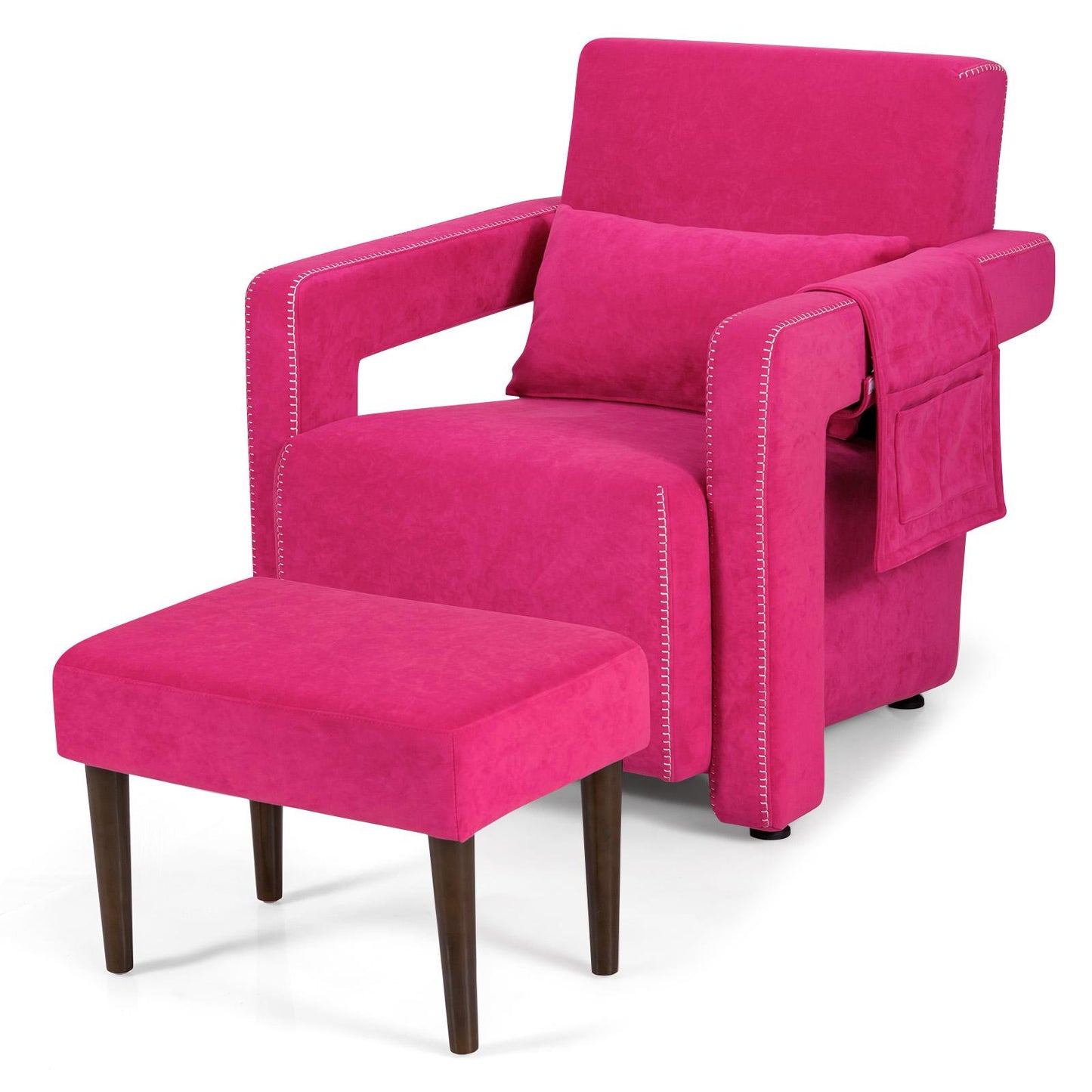 Giantex Armchair w/Ottoman, Leisure Soft Sofa Chair w/Waist Pillow, Adjustable Foot Pads for Reading, Rosa Red