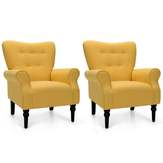 Giantex 2 PCS Fabric Accent Chair, Comfortable Modern Chair w/Rubber Wood Legs, Adjustable Foot Pads, Sofa Chair for Living Room, Bedroom, Yellow