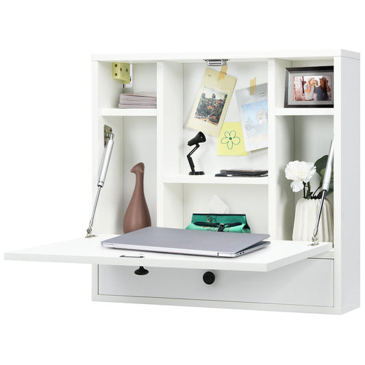 Giantex Floating Desk, Small Wall-mounted Computer Desk w/ Storage Drawer & Shelves, Convertible Writing Desk w/ Fold-up Desktop for Home Office Dormitory Small Spaces