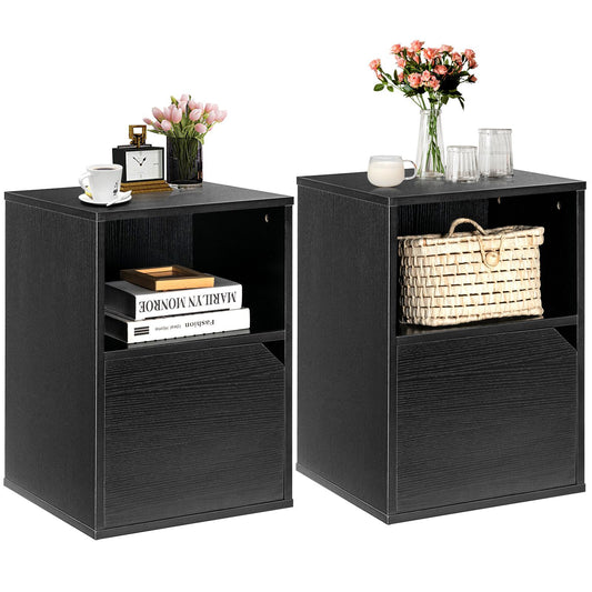 Giantex Set of 2 End Table, Bedside Nightstand w/Storage Cabinet & Open Shelf, Sofa Couch Side Table for Home & Office, Black
