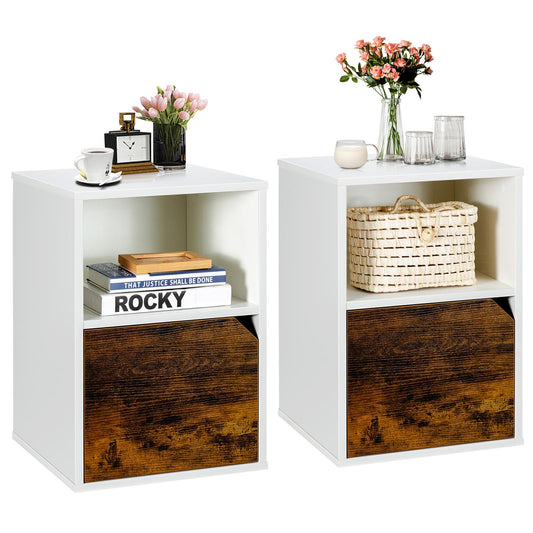 Giantex Set of 2 End Table, Bedside Nightstand w/Storage Cabinet & Open Shelf, Sofa Couch Side Table for Home & Office, White
