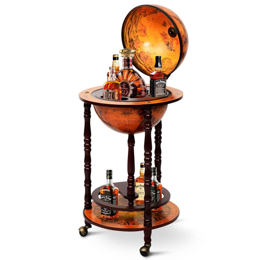 Giantex Wine Bar Stand, 16th Century Italian Wood Globe Rack, Liquor Bottle Shelf wi/Wheels