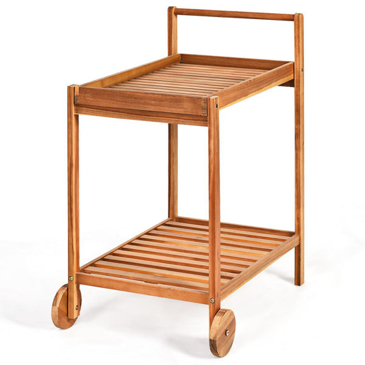 Giantex Acacia Wood Servicing Cart, Kitchen Bar Cart w/Wheels, Portable Trolley for Dining Room